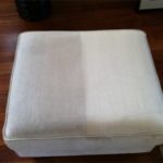Upholstery cleaning before and after showing a noticeable difference in cleanliness on a beige cushion, with one side clean and the other dirty